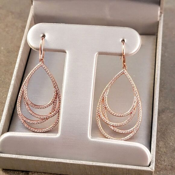 White Sapphire Layered Teardrop Earrings in Sterling Silver with 18K - Picture 2 of 9